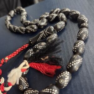 Black Beaded Necklace with Red Accents